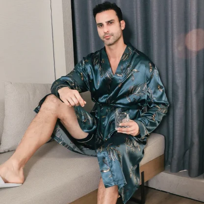 Shiny Printed Robe with Waist Tie - Image 4